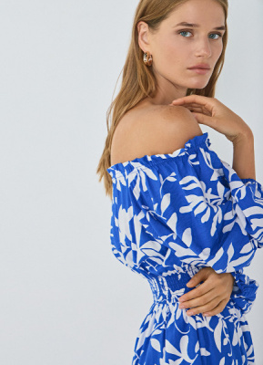 Платье из вискозы со спущенными плечами, Синий