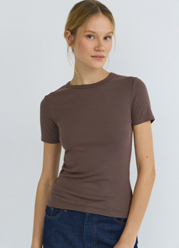 Приталенная футболка в рубчик, Коричневый