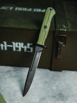 Тактический нож Mr.Blade Leshiy serrated blackwash, сталь AUS-8, рукоять OD Green Elastron