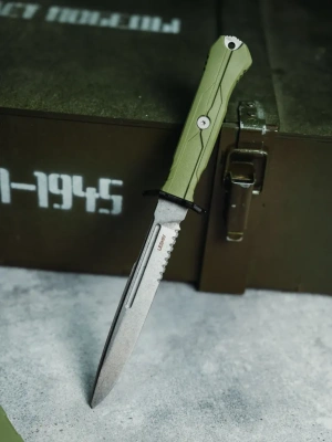 Тактический нож Mr.Blade Leshiy serrated stonewash, сталь AUS-8, рукоять OD Green Elastron