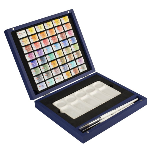 Набор акварели "Белые Ночи" 48 шт х 2,5 мл, кисти, фарфоровая палитра, синее дерево