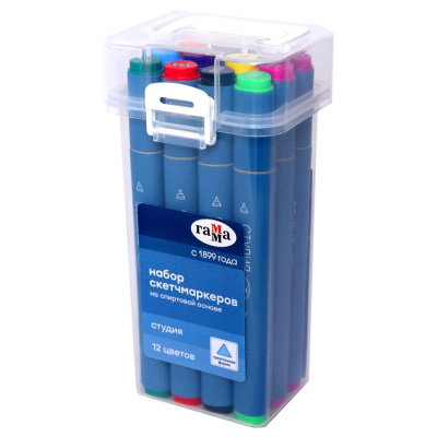 Набор двусторонних маркеров для скетчинга Гамма "Студия" 12 цв., основные цвета, пулевид./клиновид.