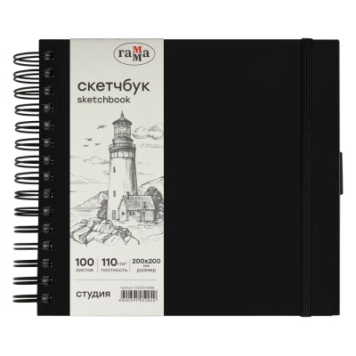Скетчбук на спирали Гамма "Студия" 20х20 см 100 л 110 г, черный, твердая обложка, на резинке, слон