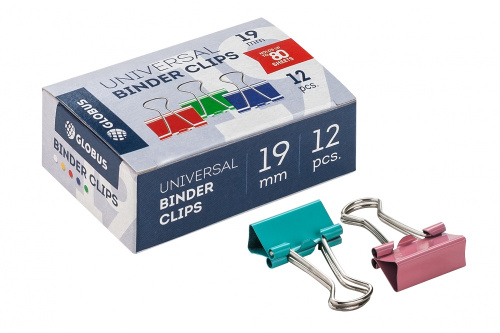 Зажим для бумаг Глобус 1 шт, 19 мм, ассорти цветные