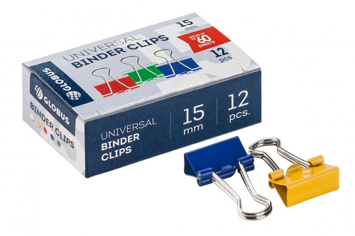Зажим для бумаг Глобус 1 шт, 15 мм, ассорти цветные