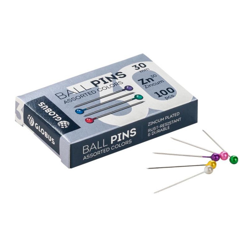 Булавки для пробковых досок Globus 30мм 100шт цвет ассорти, карт. уп.