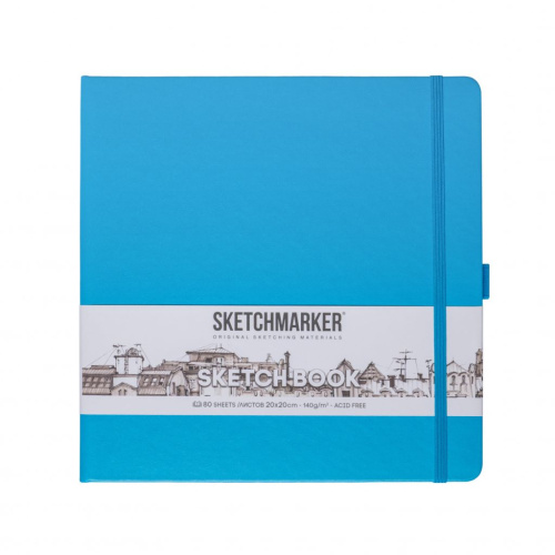Блокнот для зарисовок Sketchmarker 20*20 cм 80 л 140 г, твердая обложка Синий неон