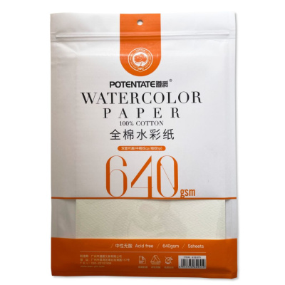 Набор бумаги для акварели Potentate 39х54 см 640 г 100% хлопок, упаковка 5 л