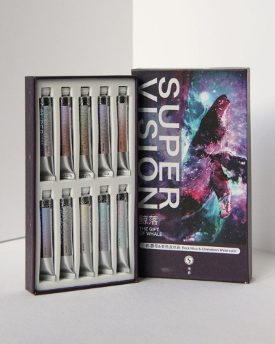 Набор акварели Super Vision "The gift of whale", перламутры и хамелеоны, 10 цв*8 мл туба в картонной