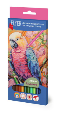 Набор карандашей цветных FLYER "Попугай", 12 пастельных цветов, трехгранная форма, толщина грифеля 3