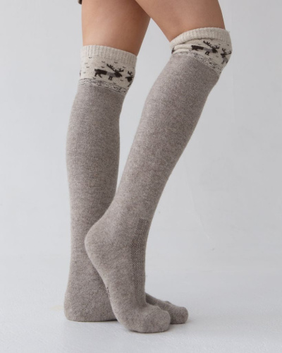 Теплые гольфы из 100% шерсти серые с рисунком