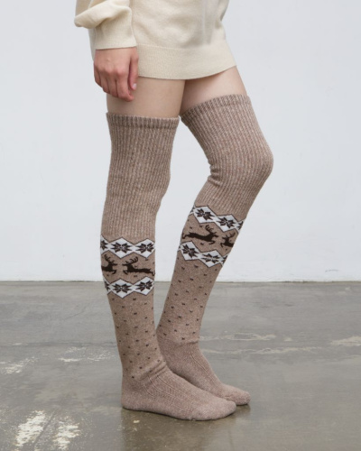 Теплые чулки из монгольской шерсти коричневые с рисунком