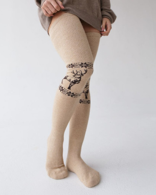Теплые чулки из монгольской шерсти бежевые с рисунком