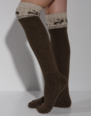 Теплые гольфы из 100% шерсти темно-коричневые с рисунком