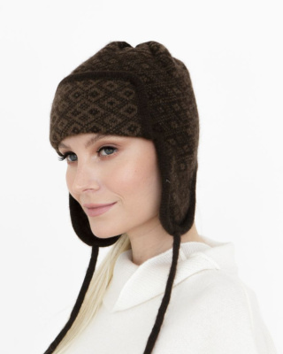 Ушанка из пуха яка с рисунком ULR темно-коричневая