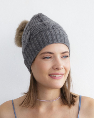 Шапка из кашемира UL с помпоном графит