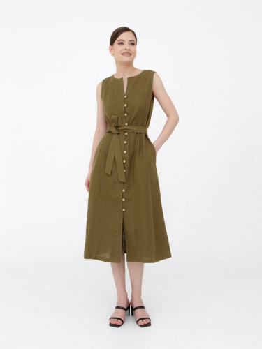 Платье из льна КЛ-7415-ИЛ23 темный хаки