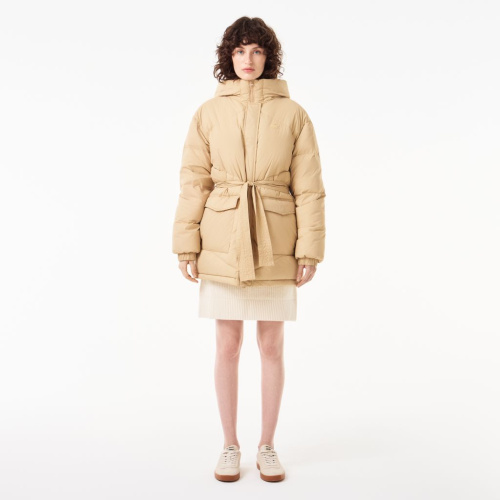 Женский короткий пуховик Lacoste с поясом и высоким воротом