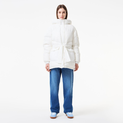 Женский короткий пуховик Lacoste с поясом и высоким воротом