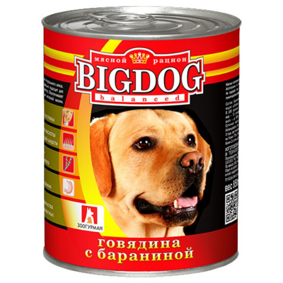 Зоогурман Big Dog влажный корм для собак средних и крупных пород, фарш из говядины с бараниной, в консервах - 850 г повседневный премиум низкозерновые для взрослых с говядиной породы крупного размера консервы (в железной банке) Российский корм 1 уп. х 6 ш
