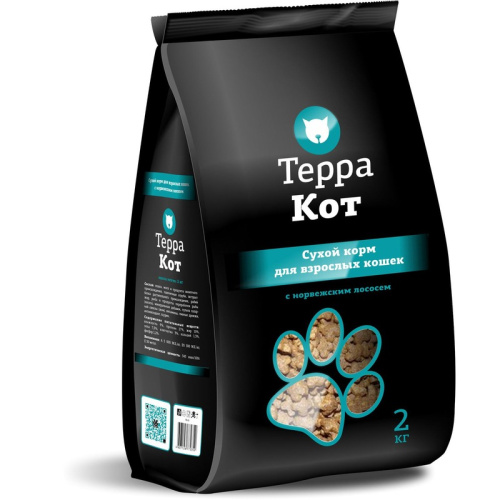 Терра Кот сухой корм для кошек, с норвежским лососем - 2 кг повседневный эконом низкозерновые для взрослых со злаками для всех пород мешок Российский корм 1 уп. х 1 шт. х 2 кг