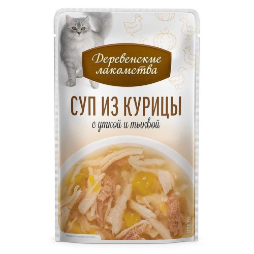 Деревенские лакомства для кошек, с курицей, с уткой и тыквой, суп, в паучах - 4 шт х 35 г для всех возрастов с курицей паучи Китай 1 уп. х 1 шт. х 0.035 кг