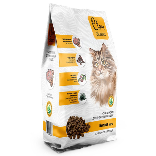 Clan Classic Senior 30/14 сухой корм для пожилых кошек, с курицей и телятиной - 10 кг повседневный премиум для пожилых с курицей мешок Российский корм 1 уп. х 1 шт. х 10 кг