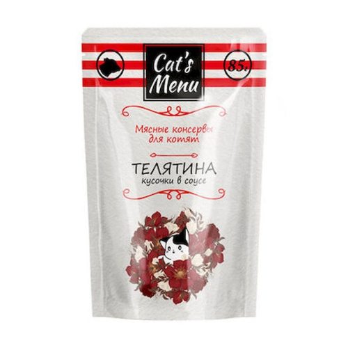 Cat`s Menu влажный корм для котят с телятиной кусочки в соусе в паучах - 85 г х 32 шт повседневный премиум для котят с телятиной паучи Российский корм 1 уп. х 32 шт. х 2.72 кг