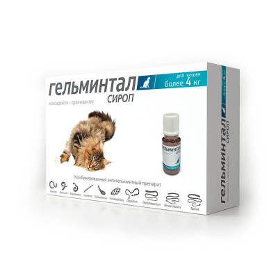 Гельминтал Сироп для кошек более 4 кг от ленточных и круглых гельминтов 5 мл от глистов для взрослых Россия 1 уп. х 1 шт. х 0.06 кг