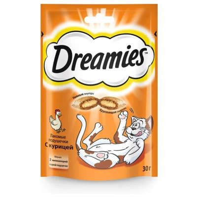 Dreamies лакомство для кошек подушечки с курицей - 30 г повседневный для взрослых с курицей Россия 1 уп. х 1 шт. х 0.03 кг