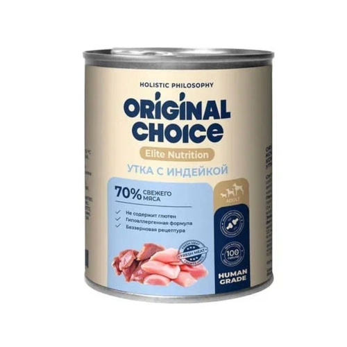 Original Choice Elite Nutrition Adult влажный корм для собак, с УТКОЙ и ИНДЕЙКОЙ, в консервах - 750 г с индейкой консервы (в железной банке) Россия 1 уп. х 6 шт. х 4.5 кг