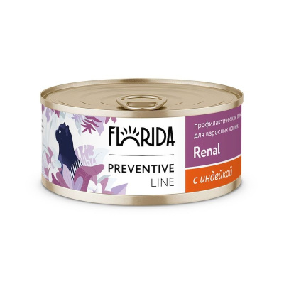 Florida Preventive Line Renal полнорационный влажный корм для кошек, поддержание здоровья почек, фарш из индейки, в консервах - 100 г диетические супер премиум для всех возрастов с индейкой для всех пород консервы (в железной банке) Российский корм 1 уп. 
