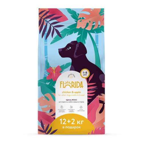 Florida полнорационный сухой корм для собак средних пород, с курицей и яблоком - 1 кг повседневный супер премиум для взрослых с курицей породы среднего размера мешок Российский корм 1 уп. х 1 шт. х 14 кг