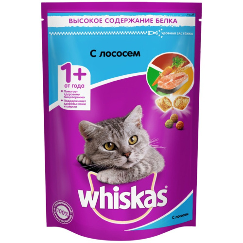 Whiskas полнорационный сухой корм для кошек, подушечки с паштетом, обед с лососем - 350 г повседневный эконом для взрослых с лососем для всех пород мешок Российский корм 1 уп. х 1 шт. х 0.35 кг