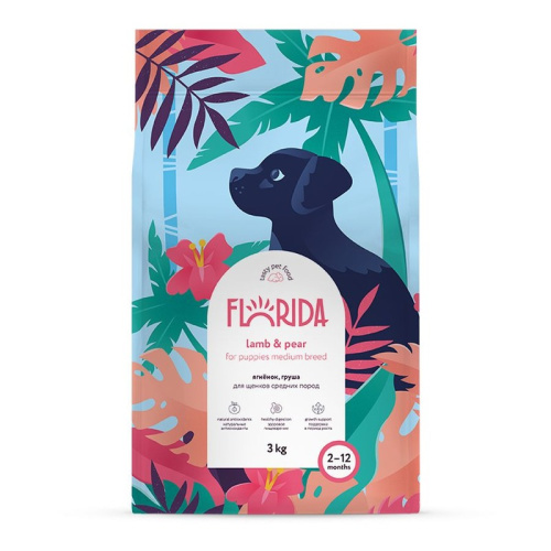 Florida полнорационный сухой корм для щенков средних пород, с ягненком и грушей - 3 кг повседневный супер премиум для щенков с ягненком породы среднего размера мешок Российский корм 1 уп. х 1 шт. х 3 кг