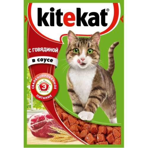 Kitekat полнорационный влажный корм для кошек, с говядиной, кусочки в соусе, в паучах - 85 г повседневный эконом для взрослых с говядиной паучи Российский корм 1 уп. х 28 шт. х 2.38 кг