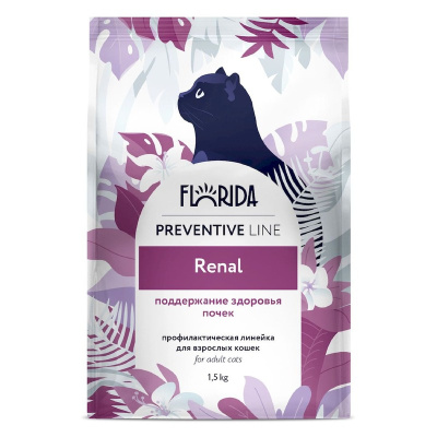 Florida Preventive Line Renal полнорационный сухой корм для кошек, поддержание здоровья почек - 1,5 кг диетические супер премиум для всех возрастов с курицей для всех пород мешок Российский корм 1 уп. х 1 шт. х 1.5 кг