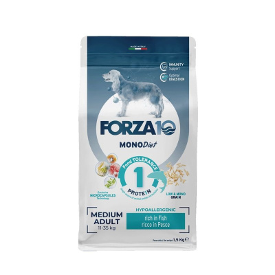 Сухой корм Forza10 Medium Diet для взрослых собак средних пород, при аллергии, при аллергии из рыбы с микрокапсулами - 1,5 кг повседневный супер премиум без курицы для взрослых с рыбой породы среднего размера мешок Импортный корм 1 уп. х 1 шт. х 1.5 кг