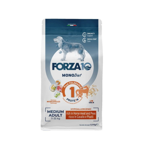 Сухой корм Forza10 Medium Diet для взрослых собак средних пород из конины, гороха и риса с микрокапсулами - 1,5 кг повседневный супер премиум монобелковый для взрослых с рисом породы среднего размера мешок Импортный корм 1 уп. х 1 шт. х 1.5 кг