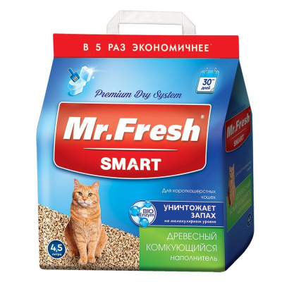 Mr.Fresh Smart древесный комкующийся наполнитель для короткошерстных кошек - 4,5 л (2,1 кг) для всех возрастов Россия 1 уп. х 1 шт. х 2.125 кг
