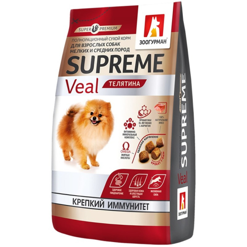 Зоогурман Supreme полнорационный сухой корм для собак мелких и средних пород, с телятиной - 1,2 кг повседневный супер премиум низкозерновые для взрослых с телятиной породы мелкого размера мешок Российский корм 1 уп. х 1 шт. х 1.2 кг