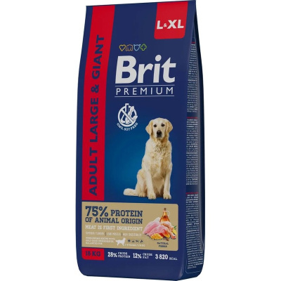 Brit Premium Dog Adult Large and Giant полнорационный сухой корм для собак крупных и гигантских пород, с курицей - 15 кг повседневный премиум для взрослых с курицей породы крупного размера мешок Российский корм 1 уп. х 1 шт. х 15 кг