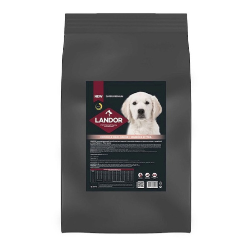 Landor полнорационный сухой корм для щенков и юниоров средних и крупных пород, c индейкой и уткой повседневный супер премиум для щенков с индейкой породы крупного размера мешок Российский корм 1 уп. х 1 шт. х 15 кг