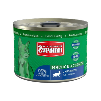 Четвероногий Гурман Мясное ассорти влажный корм для кошек, фарш из кролика, в консервах - 190 г повседневный премиум для взрослых с кроликом консервы (в железной банке) Российский корм 1 уп. х 6 шт. х 1.14 кг