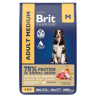 Brit Premium Dog Adult Medium сухой корм для взрослых собак средних пород (10-25 кг), с индейкой и телятиной - 8 кг повседневный премиум для взрослых с индейкой породы среднего размера мешок Российский корм 1 уп. х 1 шт. х 8 кг