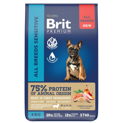 Brit Premium Dog Adult Sensitive сухой корм для взрослых собак всех пород с чувствительным пищеварением, с индейкой и лососем - 8 кг повседневный премиум для взрослых с индейкой для всех пород мешок Российский корм 1 уп. х 1 шт. х 8 кг