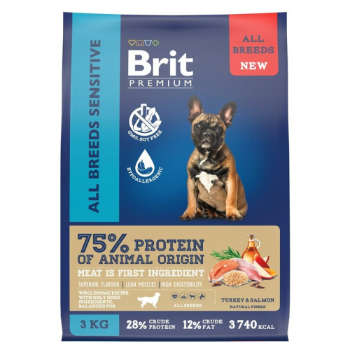 Brit Premium Dog Adult Sensitive сухой корм для взрослых собак всех пород с чувствительным пищеварением, с индейкой и лососем - 3 кг повседневный премиум для взрослых с индейкой для всех пород мешок Российский корм 1 уп. х 1 шт. х 3 кг