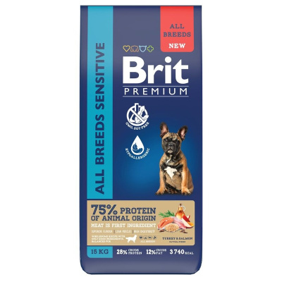 Brit Premium Dog Adult Sensitive сухой корм для взрослых собак всех пород с чувствительным пищеварением, с индейкой и лососем - 15 кг повседневный премиум для взрослых с индейкой для всех пород мешок Российский корм 1 уп. х 1 шт. х 15 кг