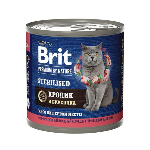 Brit Premium by Nature Sterilised полнорационный влажный корм для стерилизованных кошек, фарш из кролика с брусникой, в консервах - 200 г повседневный премиум для взрослых с брусникой консервы (в железной банке) Российский корм 1 уп. х 6 шт. х 1.2 кг