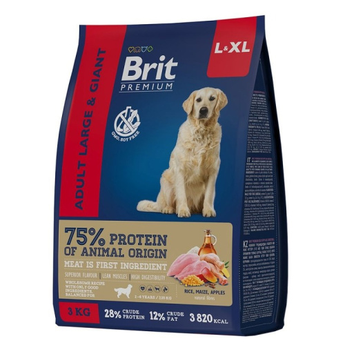 Brit Premium Dog Adult Large and Giant полнорационный сухой корм для собак крупных и гигантских пород, с курицей - 8 кг повседневный премиум для взрослых с курицей породы крупного размера мешок Российский корм 1 уп. х 1 шт. х 8 кг